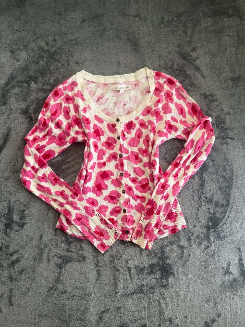 Aeropostale Pink Leopard Print Long Sleeve Button-Up Cardigan Sweater